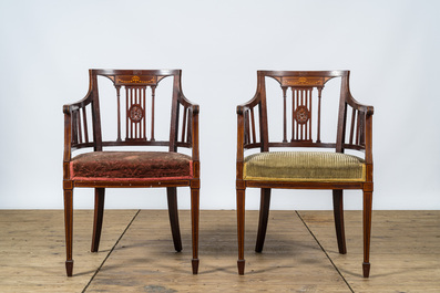 A pair of English neoclassical mahogany marquetry armchairs, 19th C.