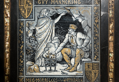 Banquette en bois noirci incrust&eacute; de nacre et de trois plaques Minton Waverley par John Moyr Smith (1839-1912), Angleterre, 19&egrave;me