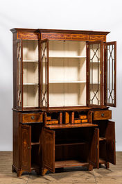 An English neoclassical mahogany marquetry breakfront bookcase, 19/20th C.