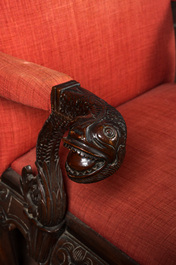 A richly decorated English Georgian style mahogany Gainsborough chair, ca. 1900