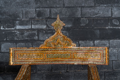 A pair of North African bone-inlaid wooden chairs with silk upholstery, 19th C