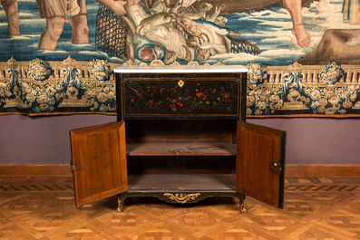 A French painted wooden sideboard with birds on blossoming branches, 19th C.