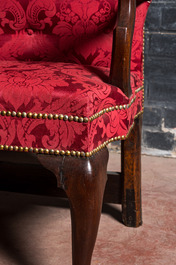 An imposing English partly gilt wooden masonic throne chair, 19th C.