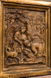 Relief en alb&acirc;tre sculpt&eacute; avec rehauts d'or repr&eacute;sentant Tobie et l'ange, atelier de Tobias Tissenaeken, Malines, vers 1600