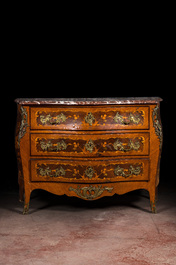 A French Louis XV-style bronze mounted marquetry chest of drawers with marble top, 19th C.