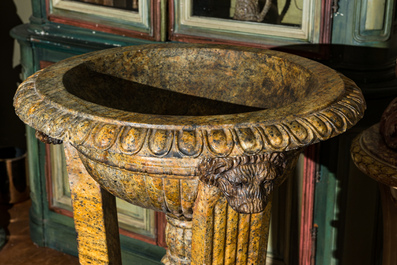 A pair of impressive French grey and yellow marble planters in Roman style, 19th C.