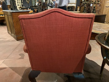 A richly decorated English Georgian style mahogany Gainsborough chair, ca. 1900