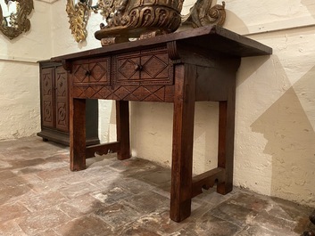 A Spanish walnut table with two drawers, 17th C.