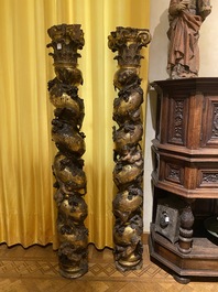 A pair of twisted and partly gilt wooden columns with birds and grapevines, prob. Italy, 17/18th C.