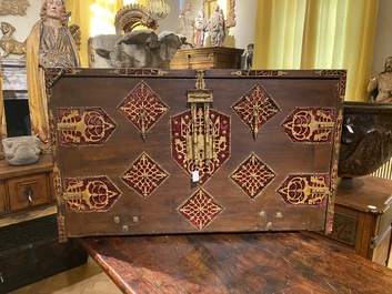 A Spanish walnut 'bargue&ntilde;o' cabinet with red velvet and bronze mounts, 17th C.