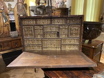 A Spanish walnut 'bargue&ntilde;o' cabinet with red velvet and bronze mounts, 17th C.