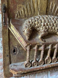 A gilt wooden tabernacle door depicting The Lamb of the Apocalypse, 17/18th C.