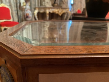 A French marquetry table display mounted with Wedgwood plaques, 2nd half 19th C.