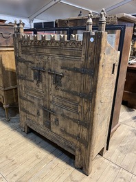 A Gothic wrought iron mounted wooden cabinet, Germany or France, 15/16th C. and later