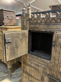 A Gothic wrought iron mounted wooden cabinet, Germany or France, 15/16th C. and later