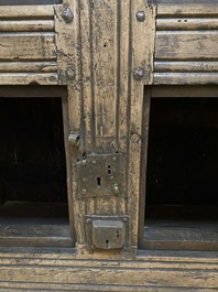 A Gothic wrought iron mounted wooden cabinet, Germany or France, 15/16th C. and later