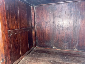 A Chinese hardwooden brass mounted two-door cabinet on foot, 20th C.