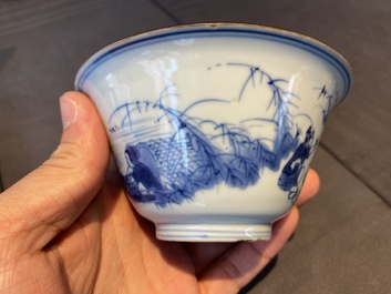 A Chinese blue and white bowl with fishermen at lunch, Chenghua mark, Kangxi