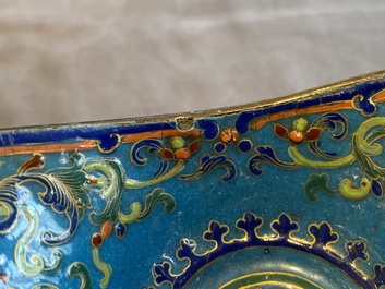 A pair of Chinese or Vietnamese enamel cup stands and an ingot-shaped bowl, 18/19th C.