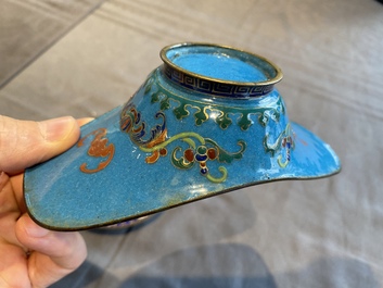 A pair of Chinese or Vietnamese enamel cup stands and an ingot-shaped bowl, 18/19th C.