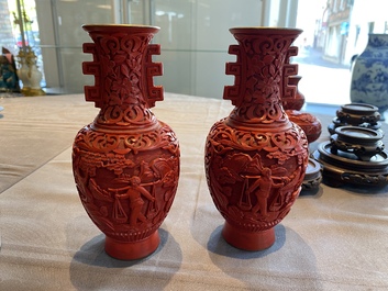 Six Chinese red lacquer pieces with Cultural Revolution design