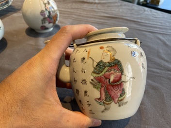 Two Chinese famille rose vases and a 'Wu Shuang Pu' teapot, 19/20th C.