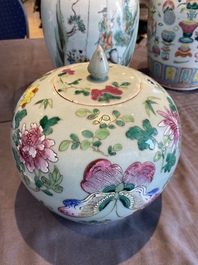 Three Chinese famille rose vases, two famille verte vases and a dish, 19/20th C.