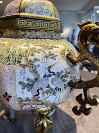 A large Chinese Canton enamel censer and cover, Qianlong mark, 19th C.