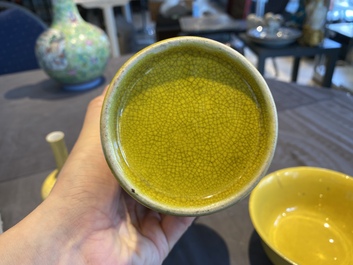 Two Chinese yellow-glazed vases and a bowl, 20th C.