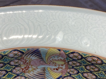 A rare large deep Chinese famille rose dish with fine figurative design, Yongzheng