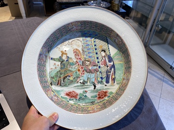 A rare large deep Chinese famille rose dish with fine figurative design, Yongzheng