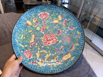 A large Chinese Canton enamel dish with floral design, Qianlong