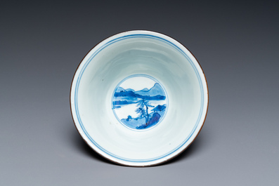 A Chinese blue and white bowl with fishermen at lunch, Chenghua mark, Kangxi