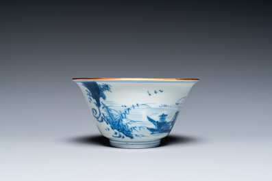 A Chinese blue and white bowl with fishermen at lunch, Chenghua mark, Kangxi