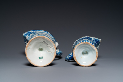 Two blue and white French faience helmet-shaped jugs, Rouen and Nevers, 18th C.