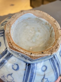 A Chinese blue and white octagonal bottle vase with floral design, Hongwu