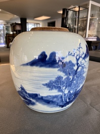 A Chinese blue and white 'mountainous landscape' jar, Kangxi/Qianlong