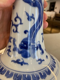 A Chinese blue and white bottle vase with a dragon on the neck, Transitional period