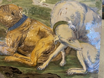 Een polychrome plaquette met een herder met twee grote honden, Castelli, Itali&euml;, 18e eeuw