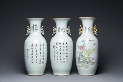 Three Chinese famille rose and qianjiang cai vases, 19/20th C.