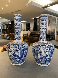 A pair of Dutch Delft blue and white chinoiserie bottle vases, 18th C.