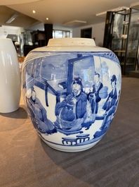 Een Chinese blauw-witte pot met verhalend decor, Kangxi