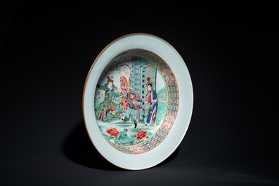 A rare large deep Chinese famille rose dish with fine figurative design, Yongzheng