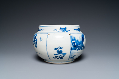 A Chinese blue and white bowl with figures in a landscape, Kangxi