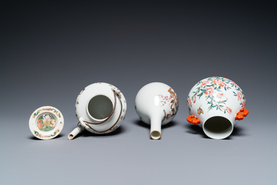 Two Chinese famille rose vases and a 'Wu Shuang Pu' teapot, 19/20th C.