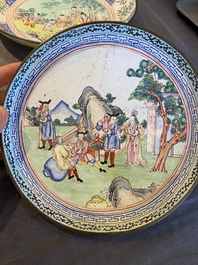 A Chinese Canton enamel dish with a European tea scene and one with ladies and boys, 18/19th C.