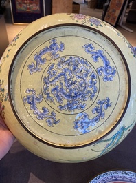 A Chinese Canton enamel dish with a European tea scene and one with ladies and boys, 18/19th C.