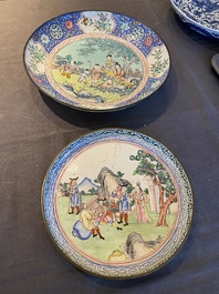 A Chinese Canton enamel dish with a European tea scene and one with ladies and boys, 18/19th C.