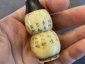 A Chinese Canton enamel snuff bottle and a pair of bone snuff bottles, 19th C.