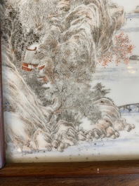 A Chinese grisaille 'landscape' plaque and a blue and white plaque signed Hu Xianya 胡献雅, 20th C.